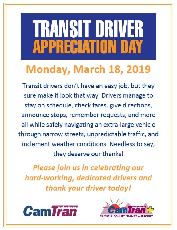 TRANSIT DRIVER APPRECIATION DAY – MARCH 18